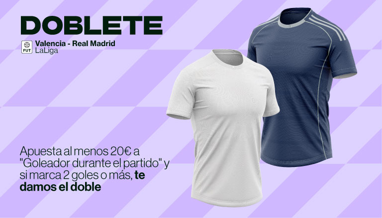 Apuesta al menos 20€ a "Goleador durante el partido" y si tu jugador marca 2 goles o más te damos el doble
