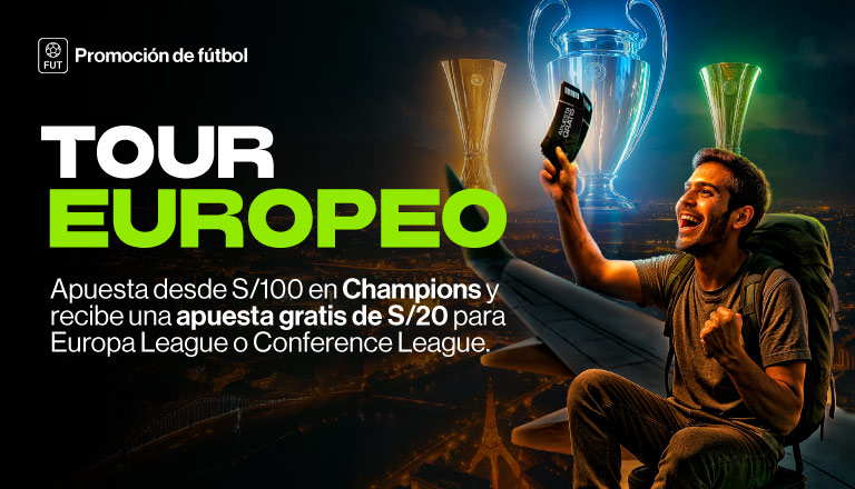 Apúntate y apuesta desde S/100 en CHAMPIONS LEAGUE. Ganes o pierdas te damos S/20 en Apuesta gratis para la Europa League o Conference League.